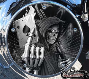 Custom Derby Cover - Reaper With Flaming Ace Card (B&W) Custom Derby Cover - Reaper With Flaming Ace Card (B&W)