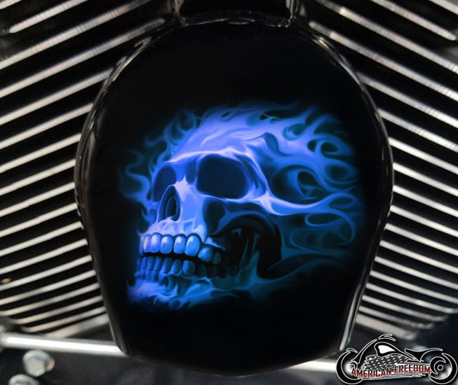 Custom Horn Cover - Flaming Skull Blue