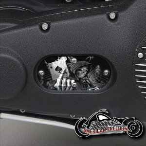 Custom Oval Inspection Cover - Reaper With Flaming Ace Card B&W