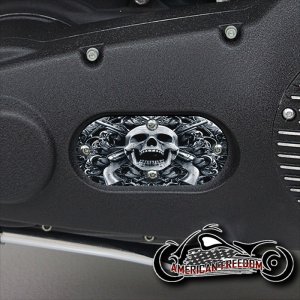 Custom Oval Inspection Cover - Skull & Pistols (B&W)