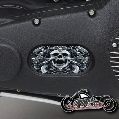 Custom Oval Inspection Cover - Skull & Pistols (B&W)
