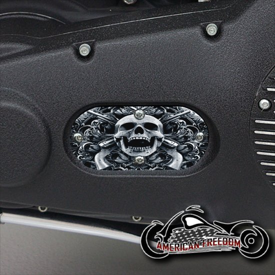 Custom Oval Inspection Cover - Skull & Pistols (B&W)