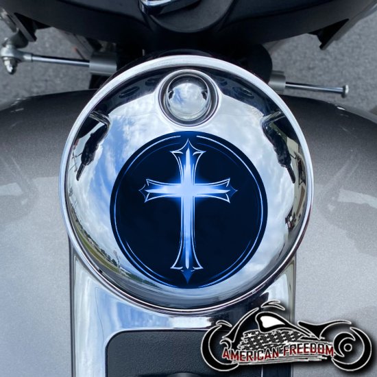 Chrome Harley Davidson Fuel Door - Glowing Cross Blue