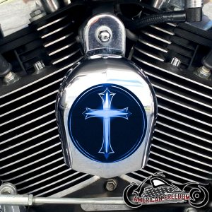 Chrome Harley Davidson Horn Cover - Glowing Cross Blue