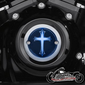 Chrome Harley Davidson Timing Cover - Glowing Cross Blue