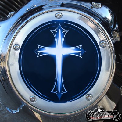 Chrome Harley Davidson Derby Cover - Glowing Cross Blue