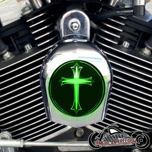 Chrome Harley Davidson Horn Cover - Glowing Cross Green