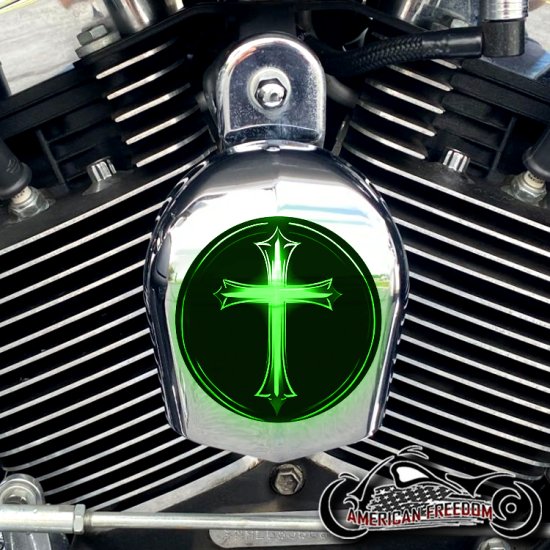 Chrome Harley Davidson Horn Cover - Glowing Cross Green