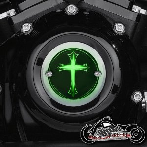 Chrome Harley Davidson Timing Cover - Glowing Cross Green