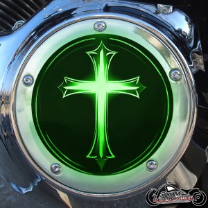 Chrome Harley Davidson Derby Cover - Glowing Cross Green