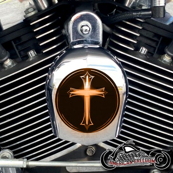 Chrome Harley Davidson Horn Cover - Glowing Cross Orange