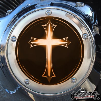 Chrome Harley Davidson Derby Cover - Glowing Cross Orange