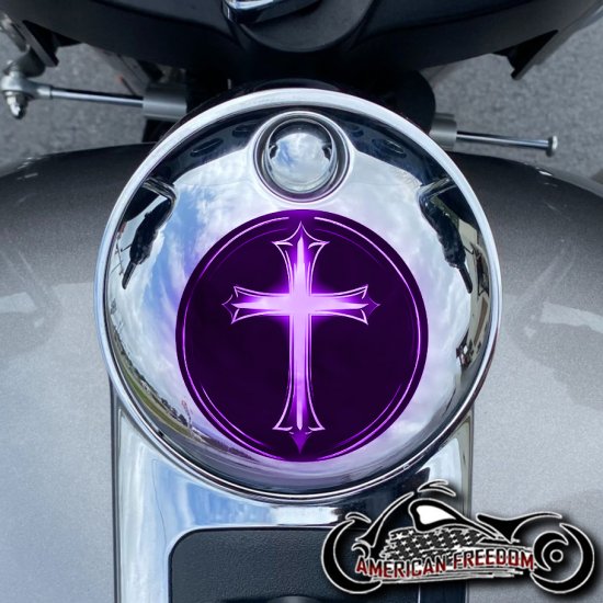 Chrome Harley Davidson Fuel Door - Glowing Cross Purple