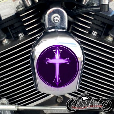Chrome Harley Davidson Horn Cover - Glowing Cross Purple