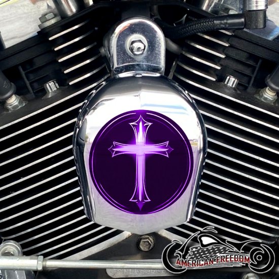 Chrome Harley Davidson Horn Cover - Glowing Cross Purple