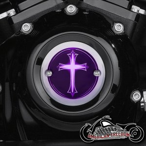Chrome Harley Davidson Timing Cover - Glowing Cross Purple