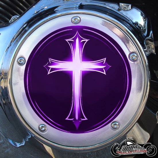Chrome Harley Davidson Derby Cover - Glowing Cross Purple