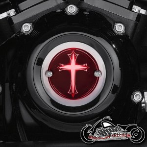 Chrome Harley Davidson Timing Cover - Glowing Cross Red