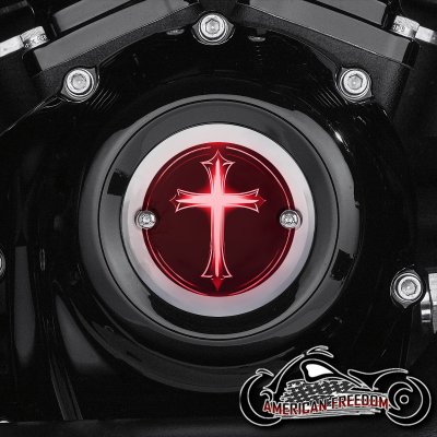 Chrome Harley Davidson Timing Cover - Glowing Cross Red