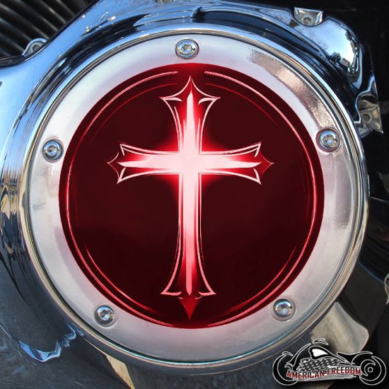 Chrome Harley Davidson Derby Cover - Glowing Cross Red