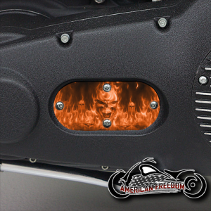 Custom Oval Inspection Cover - Orange Flame Skull