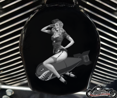 Custom Horn Cover - pin up riding bomb B&W