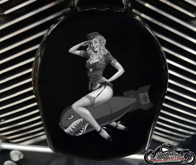 Custom Horn Cover - pin up riding bomb B&W