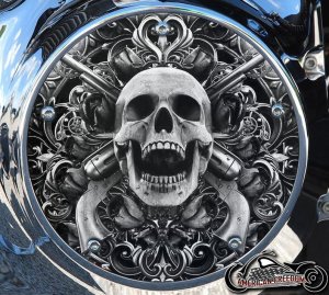 Custom Derby Cover - Skull & Pistols (B&W) Custom Derby Cover - Skull & Pistols (B&W)