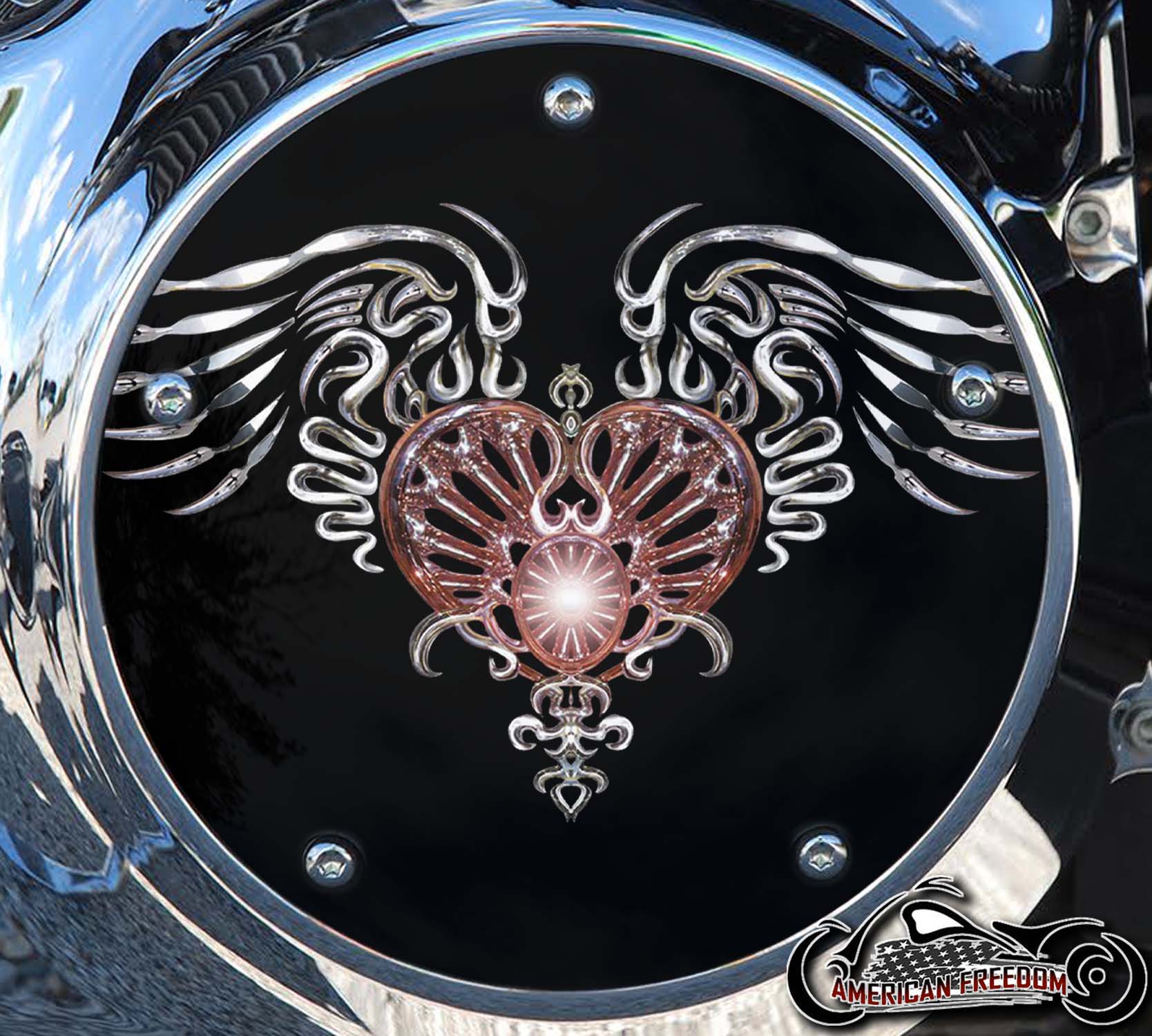 Harley Twin Cam DCHP-2 Angel wing heart derby cover in polished aluminum 