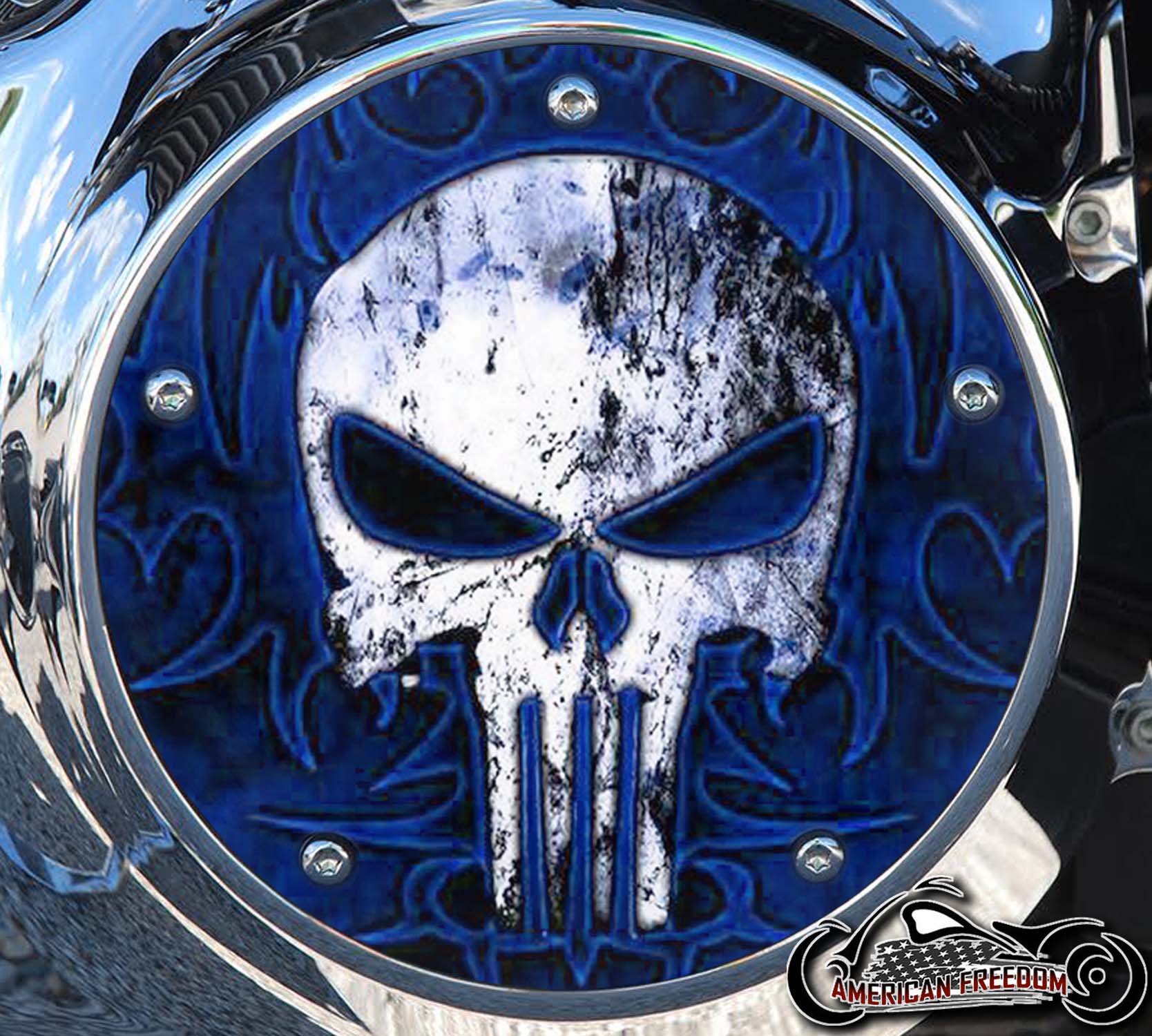 Custom Derby Cover - Punisher Blue Tribal BG [Harley Davidson Derby ...