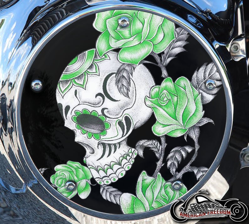 Custom Derby Cover - Skull & Roses Green