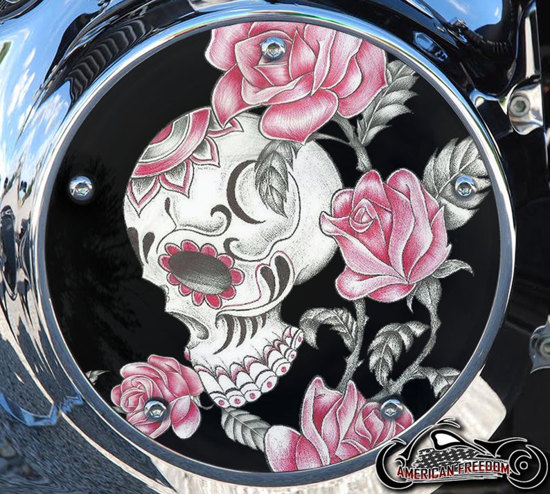 Custom Derby Cover - Skull & Roses Pink